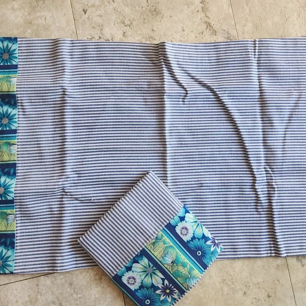 2 handmade pillow cases Blue stripe ticking fabric & turquoise/blue/green floral
